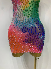 Genevieve colorful diamond halter backless mini dress with sparkling embellishments for birthdays and parties