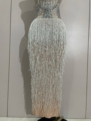Seraphina sparkly rhinestone tassel sleeveless long dress women elegant evening gown.