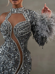 Amara one-shoulder gray sequin gown with feather details, elegant long evening dress for parties and formal occasions.