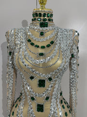 Sparkly mesh see through mini dress with diamond accents and long sleeves