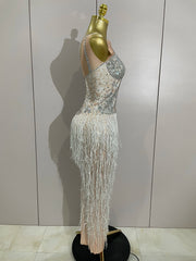 Seraphina sparkly rhinestone tassel sleeveless long dress women elegant evening gown.