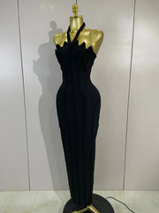 Look elegant in the Bianca black beaded scalloped halter bandage maxi dress. Perfect for weddings, cocktail parties, galas, and evening events.