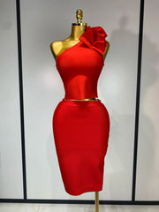 Keira one-shoulder ruffled two-piece bandage set with crop top and bodycon skirt for women.