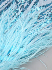 Baby blue feather mini dress with sequins and V-neck – glitter party, prom, homecoming, birthday, cocktail outfit.