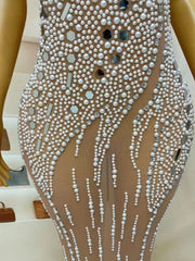 Amina silver mirror rhinestone pearl prom dress elegant evening gown.