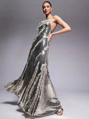 Zaria silver sequin strappy backless gown with ruffle mesh details – elegant party dress.