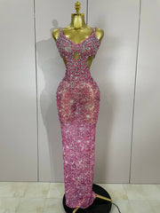 Isabella sparkly rhinestone hollow out mesh long dress for women, luxury birthday and evening party gown