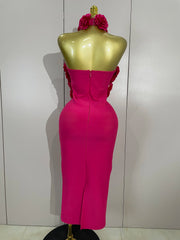 Kairi halter backless bodycon dress with 3D flower appliqués for women’s birthday, cocktail, or stage wear.