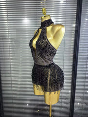 Denise sexy mesh see-through sequin tassel bodycon bodysuit for nightclub and birthday party styling