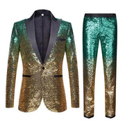 Men’s glitter ombre sequin blazer and pants set displayed for party or stage wear