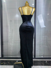 Jenn black sleeveless velvet bodycon maxi dress with sparkling crystal strap details