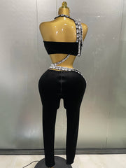 sparkle diamond crop top with matching velour pants set, perfect for birthdays, nightclub parties, and stage performances.