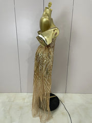 Candice luxury sparkle gold diamond sequin mesh see-through long dress for evening gala styling