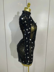 Shiny Sequin Pearl Sexy Black Mesh Long Sleeve Bodycon Mini Dress Women Celebrate Evening Birthday Party Nightclub Stage Costume