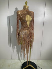 Aimee sexy sheer mesh long sleeve sparkly rhinestone sequin tassel dress