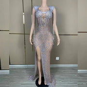 Sexy mesh see-through prom gown with a high split and shimmering silver fringe. Tia Valentine party dress.