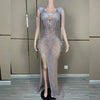 Sexy mesh see-through prom gown with a high split and shimmering silver fringe. Tia Valentine party dress.