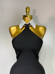 Shayla women’s black mini bodycon dress with white shirt collar and backless design for parties or club events.