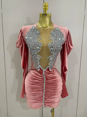 Taye black velvet short dress with sparkling crystals and mesh overlay for women’s evening, prom, or birthday parties.