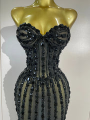 Envious Designs Candice sexy black strapless mesh see-through long dress with luxury sparkly diamonds for evening gala styling