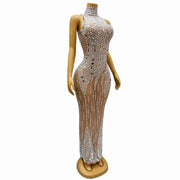 Amina silver mirror rhinestone pearl prom dress elegant evening gown.