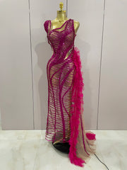 Sparkly sequin mesh see-through long tail dress for women – evening, prom, wedding, birthday, nightclub, stage outfit
