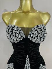 Tamar black velvet short dress with sparkly diamonds and mesh overlay for women’s evening, birthday, or stage events.