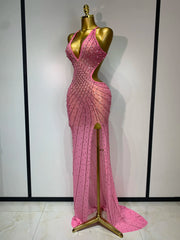Shine in this rhinestone halter mesh split maxi dress. Sexy backless party dress for birthdays, stage shows, cocktail parties, and evening events.