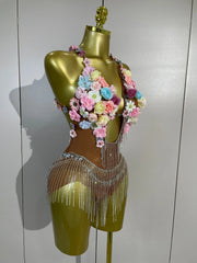 Clarice colorful floral diamond chain mesh bodysuit with luxury embellishments and fitted silhouette