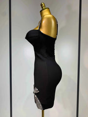 Mary V Neck Beaded Black Mini Bandage Dress