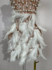 V neck mini bodycon dress with pearl beading and feather detailing