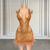 Sexy V Neck See Thru Feather Crystal Beaded Birthday Dress