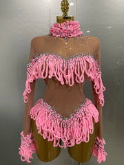 Hannah rhinestone mesh tassel bodysuit for women – sexy see-through birthday and club outfit.