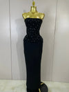 Hazel black strapless two-piece dress set with pearl beaded top and long bodycon bandage skirt