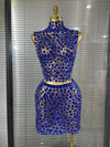 Amber crystal mesh two piece bodycon mini dress set for women. Sexy outfit for nightlife, stage wear, and party events.