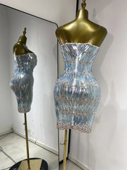 Eisa sequin rhinestone mesh bodycon mini dress for women. Sexy sparkly outfit for birthdays, nightlife, and photoshoots.