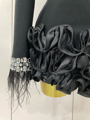 Nicole shiny diamond feather long-sleeve bodycon dress with sparkling crystals and elegant feather cuffs.