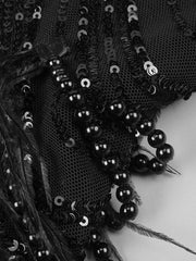 Black strapless mini dress with pearl chains, sequins, feathers, and geometric embellishments for homecoming, cocktail, and evening parties.