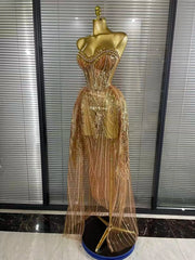 Hailey sexy strapless mesh crystal see through maxi dress