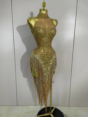 Vonda sparkly rhinestone and pearl tassel mesh see-through dress for evening parties, birthdays, or club events.