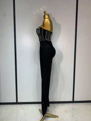 Tanisha black sleeveless strapless pearl beaded bodycon jumpsuit for women evening party birthday club outfit