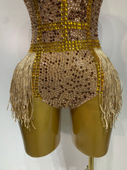 Frankie rhinestone fringe mesh bodysuit with bodycon fit. Luxury stage outfit for DJs, nightclub parties, performances, and glam events.