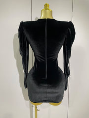 Taye black velvet short dress with sparkling crystals and mesh overlay for women’s evening, prom, or birthday parties.