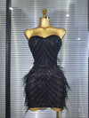Amara sequin feather strapless bodycon mini dress for nightclub and birthday party styling