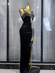 Jenn black sleeveless velvet bodycon maxi dress with sparkling crystal strap details