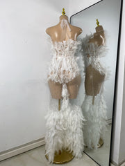 Elora rhinestone mesh feather gown sheer see-through long luxury prom dress.
