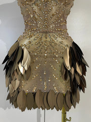 Shai strapless sheer mesh mini dress with sparkling rhinestone leaf embellishments
