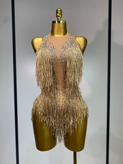 Danica sparkly rhinestones fringes leotard with tassel details for women.