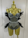 Shine in the Tabitha pearl, rhinestone, and feather mesh bodysuit. Luxury stretch outfit for stage performances, parties, and special events.