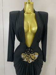 Deep V neck long sleeve bodycon maxi dress in a sleek, elegant style for evening and cocktail events